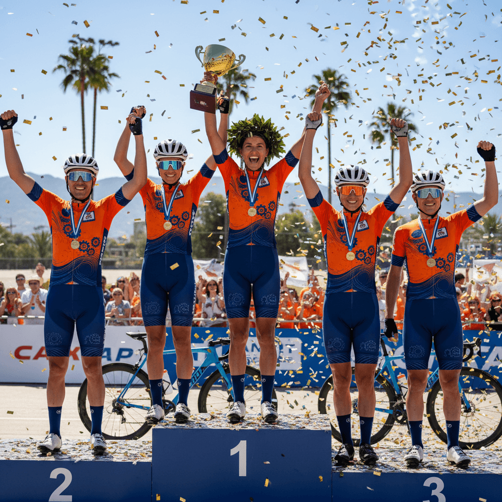 Cycling team celebrating in matching custom jerseys